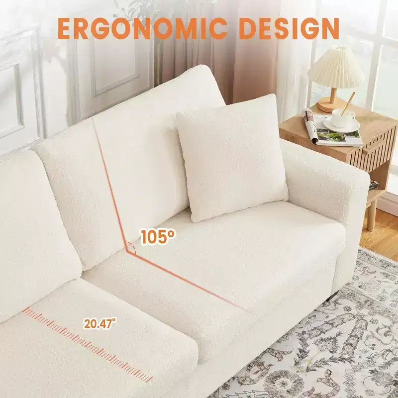 Canapé 3 places ergonomique fait main en velours Teddy avec support de 385 kg, coussin amovible et larges accoudoirs pour salon, chambre et appartement