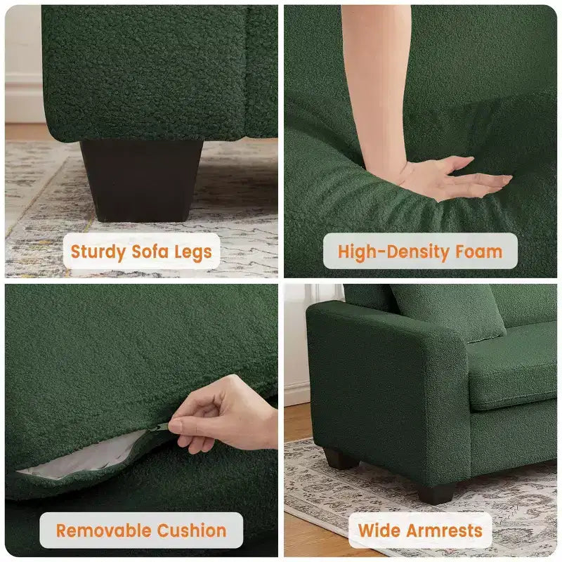 Canapé 3 places ergonomique fait main en velours Teddy avec support de 385 kg, coussin amovible et larges accoudoirs pour salon, chambre et appartement