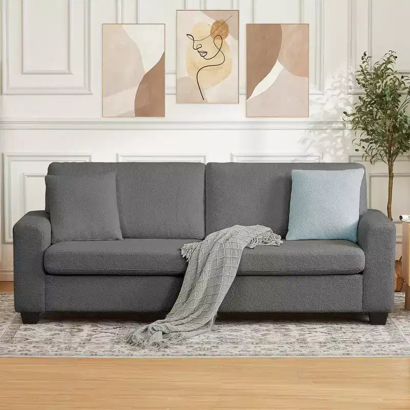 Canapé 3 places ergonomique fait main en velours Teddy avec support de 385 kg, coussin amovible et larges accoudoirs pour salon, chambre et appartement