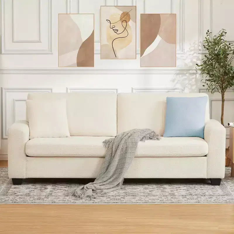 Canapé 3 places ergonomique fait main en velours Teddy avec support de 385 kg, coussin amovible et larges accoudoirs pour salon, chambre et appartement