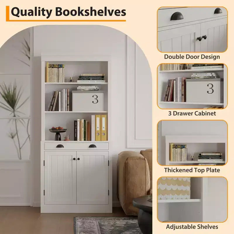 Bibliothèque haute autoportante de 70 po, étagère en bois à 5 niveaux avec étagères ouvertes et armoire, armoire de rangement moderne, buffet de garde-manger
