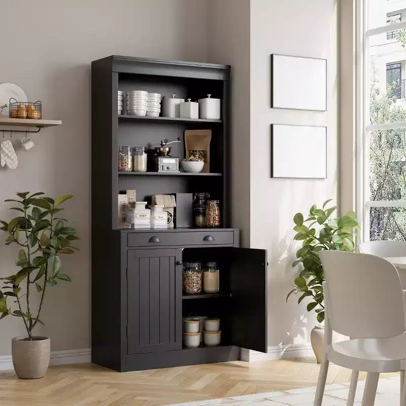 Bibliothèque haute autoportante de 70 po, étagère en bois à 5 niveaux avec étagères ouvertes et armoire, armoire de rangement moderne, buffet de garde-manger