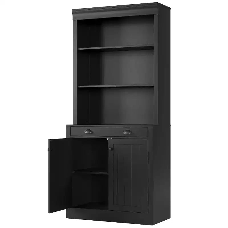 Bibliothèque haute autoportante de 70 po, étagère en bois à 5 niveaux avec étagères ouvertes et armoire, armoire de rangement moderne, buffet de garde-manger