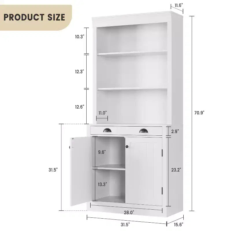 Bibliothèque haute autoportante de 70 po, étagère en bois à 5 niveaux avec étagères ouvertes et armoire, armoire de rangement moderne, buffet de garde-manger