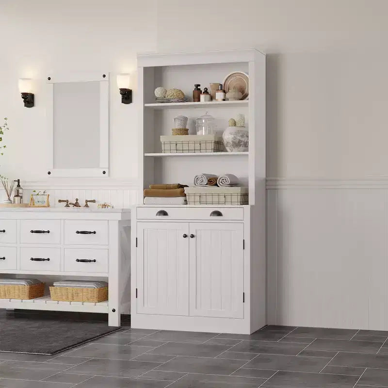 Bibliothèque haute autoportante de 70 po, étagère en bois à 5 niveaux avec étagères ouvertes et armoire, armoire de rangement moderne, buffet de garde-manger