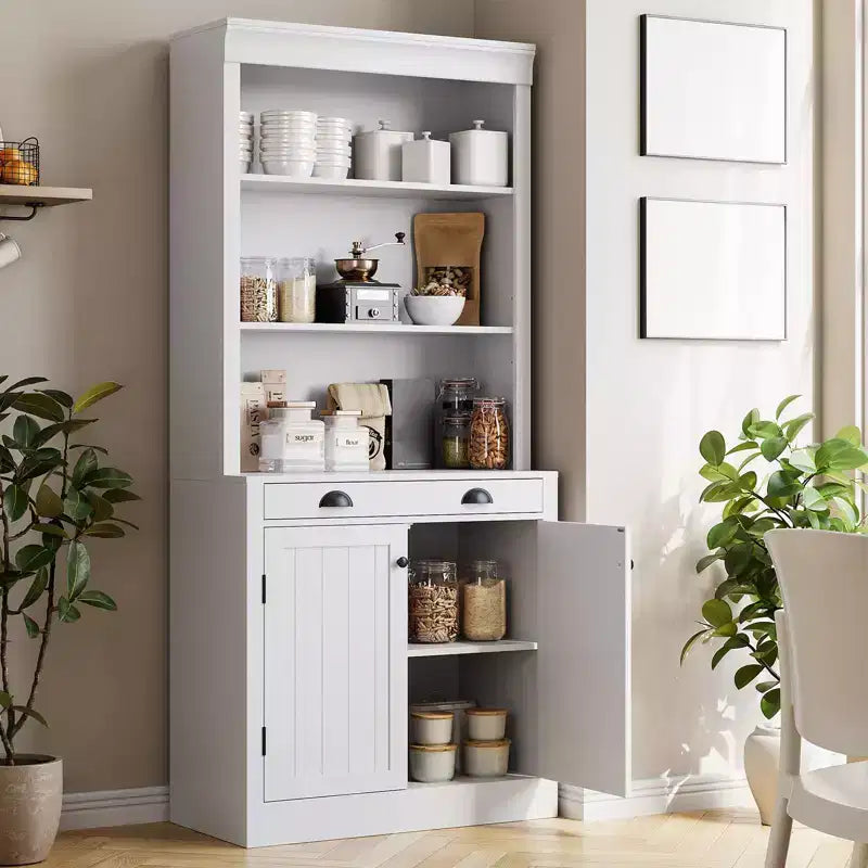 Bibliothèque haute autoportante de 70 po, étagère en bois à 5 niveaux avec étagères ouvertes et armoire, armoire de rangement moderne, buffet de garde-manger