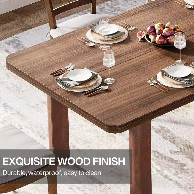 Table à manger en bois Lantine pour 4 à 6 personnes, grande table de cuisine rectangulaire de 160 cm avec pieds en bois massif pour salle à manger, marron