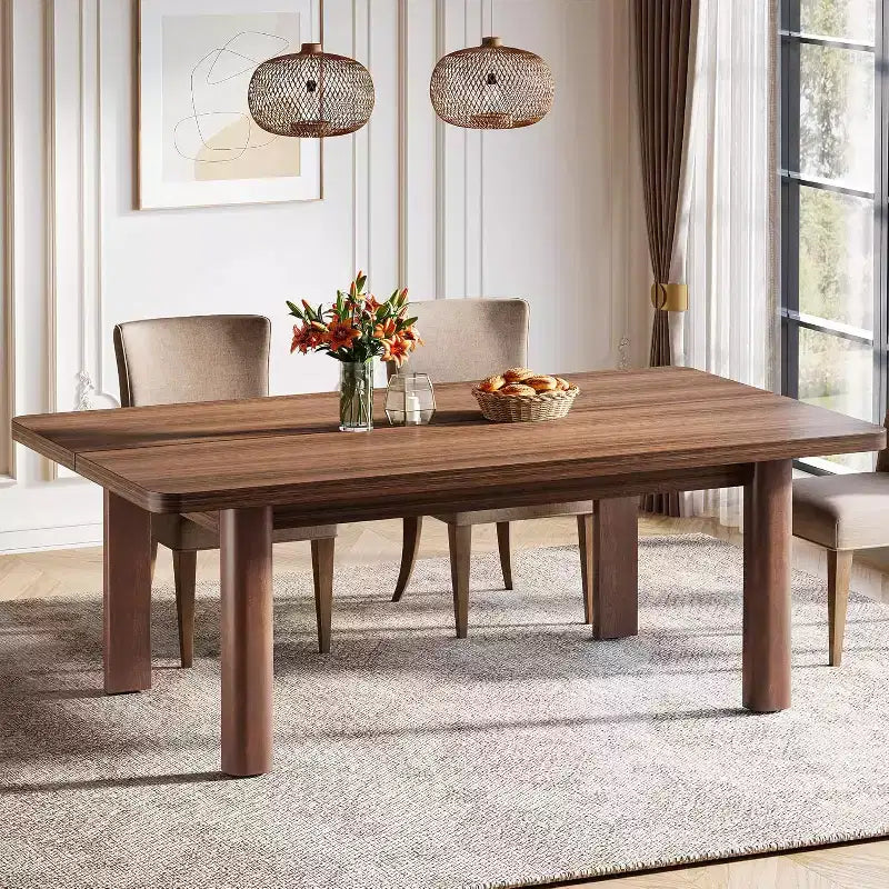 Table à manger en bois Lantine pour 4 à 6 personnes, grande table de cuisine rectangulaire de 160 cm avec pieds en bois massif pour salle à manger, marron