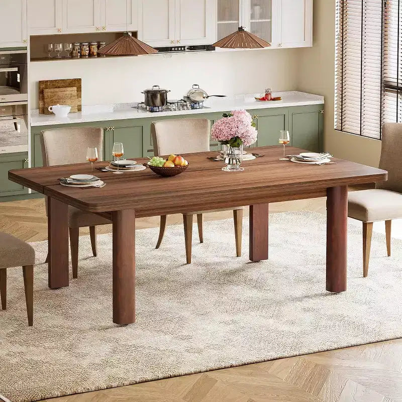 Table à manger en bois Lantine pour 4 à 6 personnes, grande table de cuisine rectangulaire de 160 cm avec pieds en bois massif pour salle à manger, marron