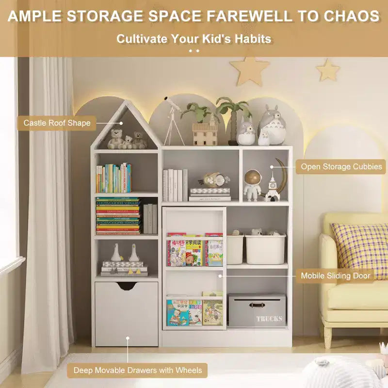 COZONY 43.7 Organisateur de jouets et étagère pour enfants, coffre à jouets avec tiroirs et casiers mobiles, rangement au sol pour salle de jeux, chambre, salle de classe, blanc