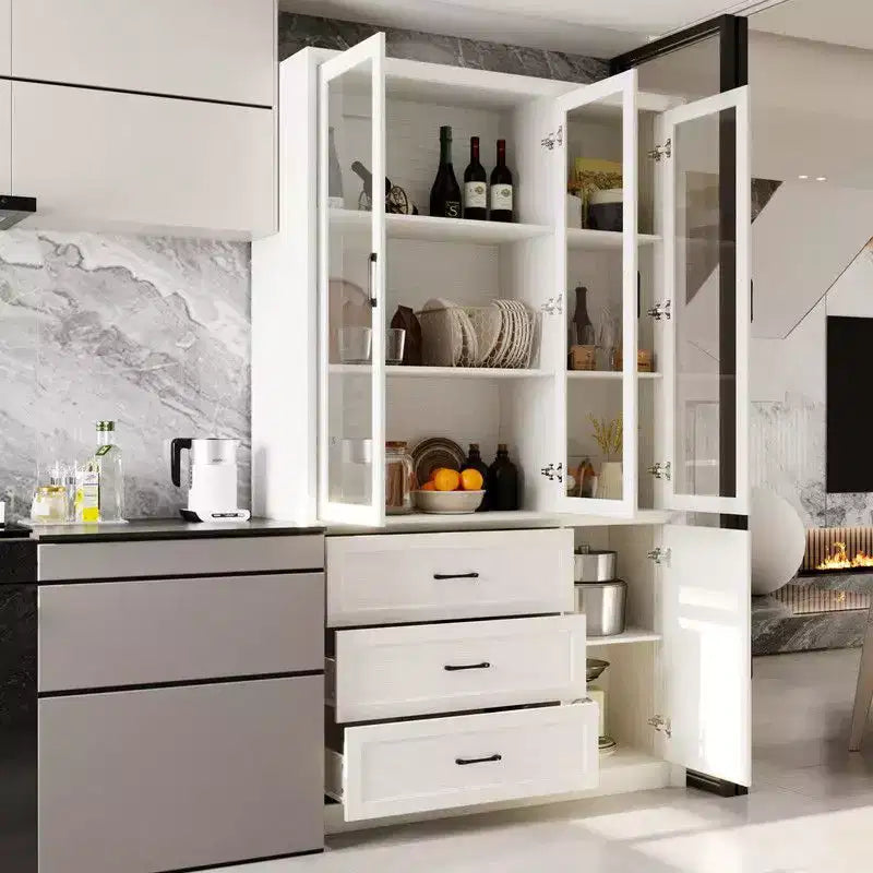 Buffet de cuisine moderne Famapy avec portes vitrées, organisateur de cuisine multi-tiroirs, garde-manger de cuisine avec rangement, montage facile, parfait pour toute disposition de cuisine