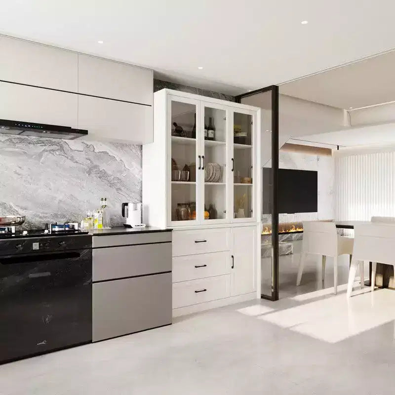 Buffet de cuisine moderne Famapy avec portes vitrées, organisateur de cuisine multi-tiroirs, garde-manger de cuisine avec rangement, montage facile, parfait pour toute disposition de cuisine