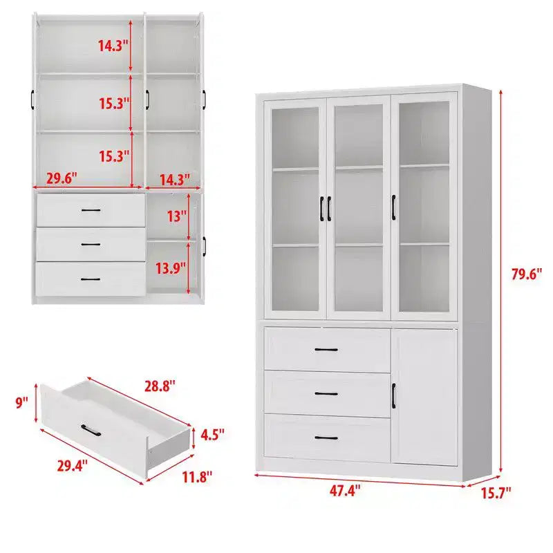 Buffet de cuisine moderne Famapy avec portes vitrées, organisateur de cuisine multi-tiroirs, garde-manger de cuisine avec rangement, montage facile, parfait pour toute disposition de cuisine