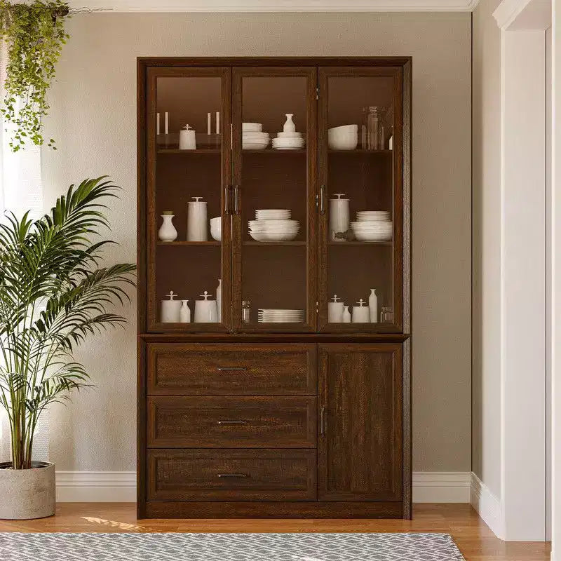 Buffet de cuisine moderne Famapy avec portes vitrées, organisateur de cuisine multi-tiroirs, garde-manger de cuisine avec rangement, montage facile, parfait pour toute disposition de cuisine