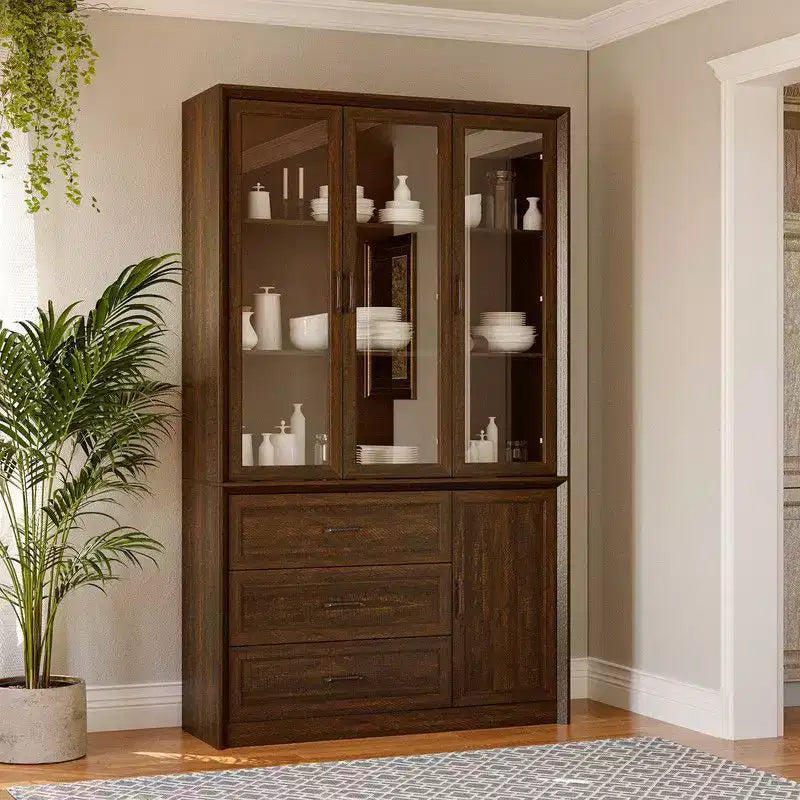 Buffet de cuisine moderne Famapy avec portes vitrées, organisateur de cuisine multi-tiroirs, garde-manger de cuisine avec rangement, montage facile, parfait pour toute disposition de cuisine