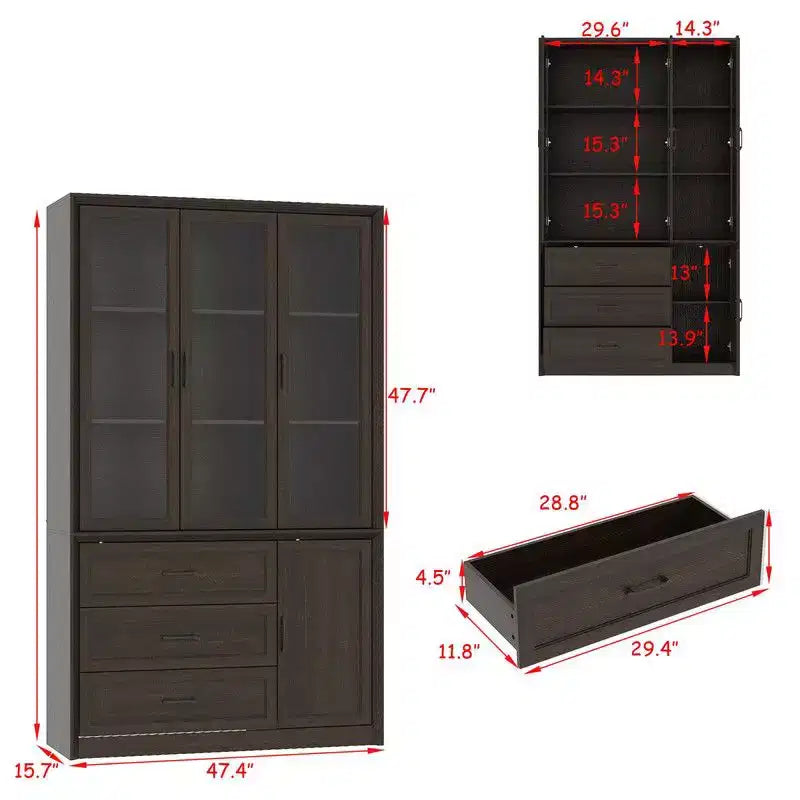 Buffet de cuisine moderne Famapy avec portes vitrées, organisateur de cuisine multi-tiroirs, garde-manger de cuisine avec rangement, montage facile, parfait pour toute disposition de cuisine