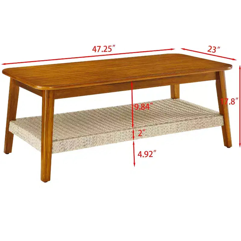 Table basse GDFStudio Ramsay en hévéa de style milieu de siècle avec étagère en rotin tressé