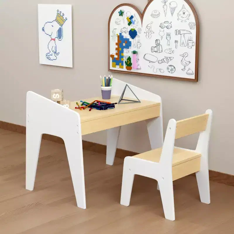 Ensemble table et chaise pour enfants, table d'étude en bois pour enfants, meubles pour enfants de 2 à 8 ans, blanc+naturel