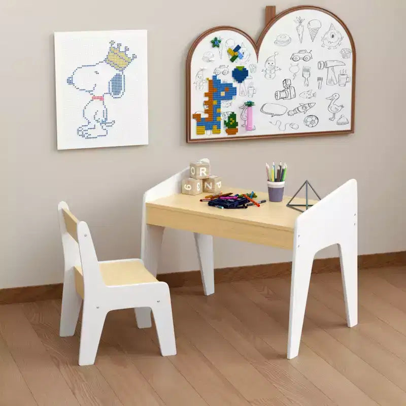 Ensemble table et chaise pour enfants, table d'étude en bois pour enfants, meubles pour enfants de 2 à 8 ans, blanc+naturel