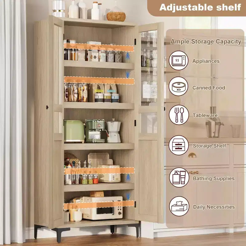 Coolmee Armoire de Rangement Haute de 160 cm avec 2 Portes, Meuble de Rangement de Cuisine 5 Niveaux avec Étagères Réglables pour Cuisine, Salle à Manger, Salle de Bain