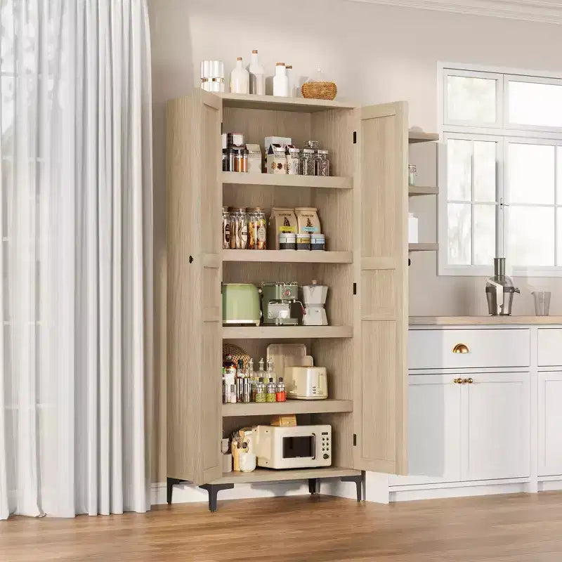 Coolmee Armoire de Rangement Haute de 160 cm avec 2 Portes, Meuble de Rangement de Cuisine 5 Niveaux avec Étagères Réglables pour Cuisine, Salle à Manger, Salle de Bain