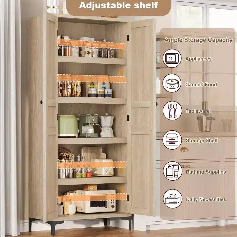 Coolmee Armoire de Rangement Haute de 160 cm avec 2 Portes, Meuble de Rangement de Cuisine 5 Niveaux avec Étagères Réglables pour Cuisine, Salle à Manger, Salle de Bain