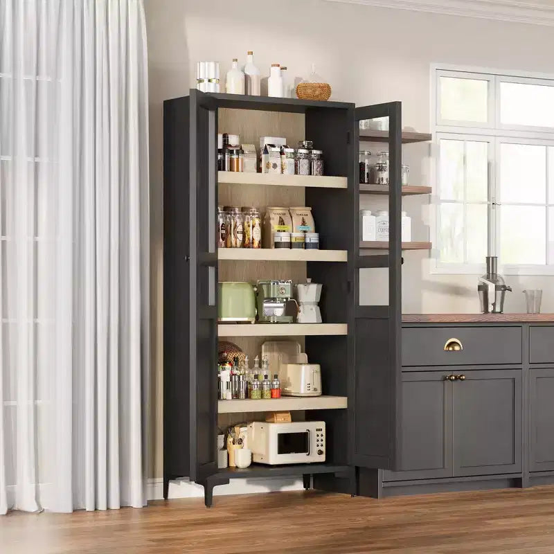 Coolmee Armoire de Rangement Haute de 160 cm avec 2 Portes, Meuble de Rangement de Cuisine 5 Niveaux avec Étagères Réglables pour Cuisine, Salle à Manger, Salle de Bain