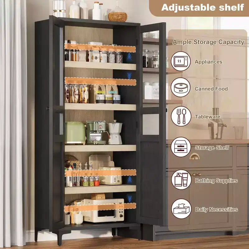 Coolmee Armoire de Rangement Haute de 160 cm avec 2 Portes, Meuble de Rangement de Cuisine 5 Niveaux avec Étagères Réglables pour Cuisine, Salle à Manger, Salle de Bain
