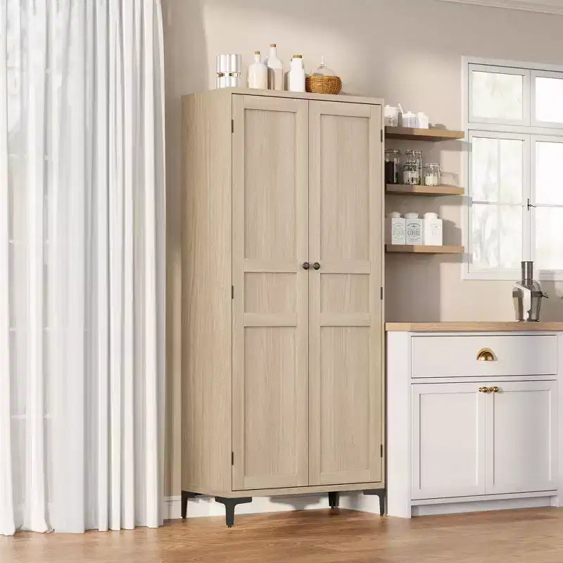 Coolmee Armoire de Rangement Haute de 160 cm avec 2 Portes, Meuble de Rangement de Cuisine 5 Niveaux avec Étagères Réglables pour Cuisine, Salle à Manger, Salle de Bain