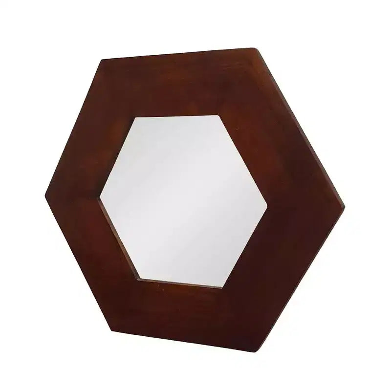 Miroir d'appoint HomeRoots 19 avec cadre hexagonal en bois massif marron foncé