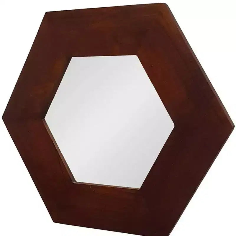Miroir d'appoint HomeRoots 19 avec cadre hexagonal en bois massif marron foncé
