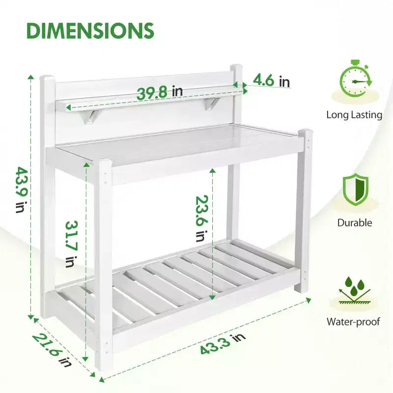 EAGLE PEAK Banc de jardinage en vinyle sans entretien pour l'extérieur et l'intérieur, table de rempotage étanche avec étagère ouverte, blanc