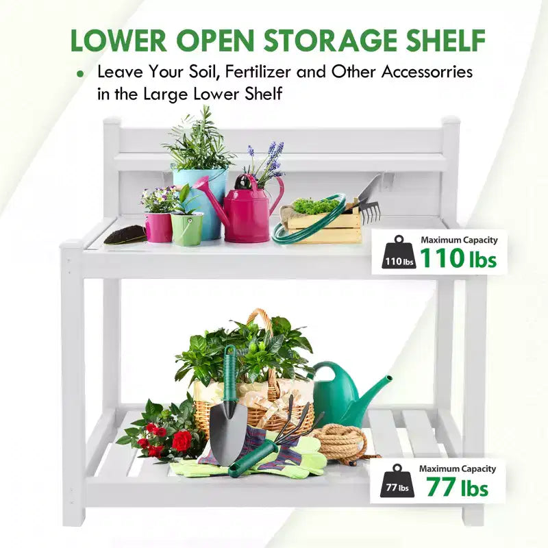 EAGLE PEAK Banc de jardinage en vinyle sans entretien pour l'extérieur et l'intérieur, table de rempotage étanche avec étagère ouverte, blanc