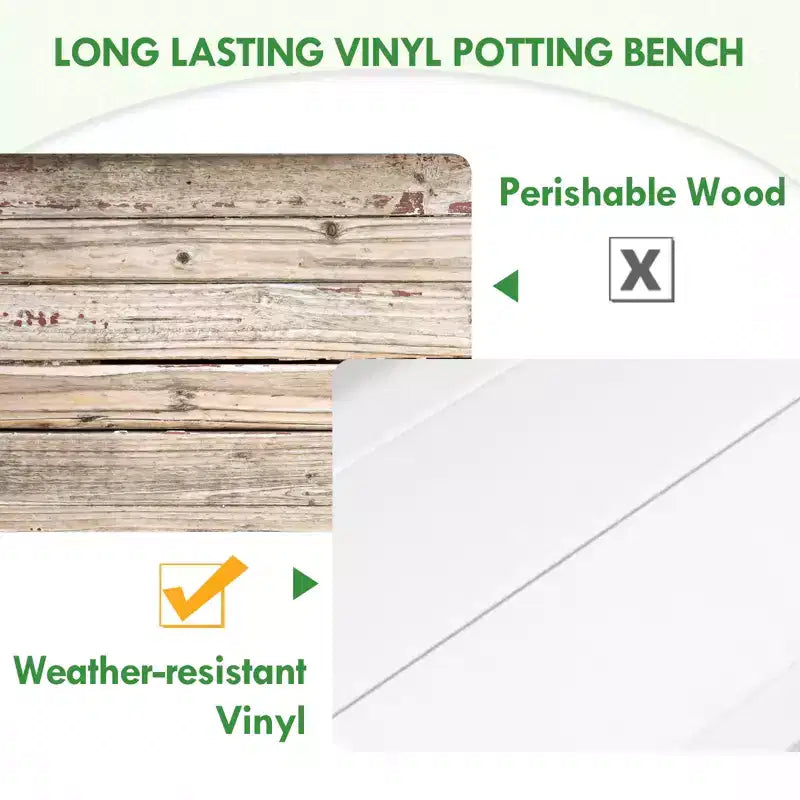EAGLE PEAK Banc de jardinage en vinyle sans entretien pour l'extérieur et l'intérieur, table de rempotage étanche avec étagère ouverte, blanc