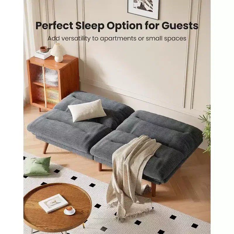 Canapé convertible futon, canapé vintage avec dossier et accoudoirs réglables sur 5 positions, canapé futon en velours côtelé pour un intérieur, un salon ou un bureau efficace, gris