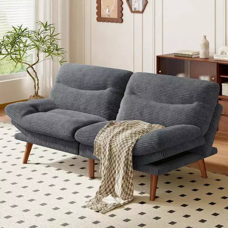 Canapé convertible futon, canapé vintage avec dossier et accoudoirs réglables sur 5 positions, canapé futon en velours côtelé pour un intérieur, un salon ou un bureau efficace, gris
