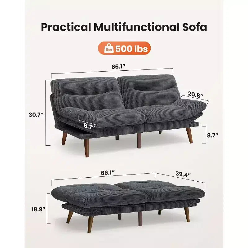 Canapé convertible futon, canapé vintage avec dossier et accoudoirs réglables sur 5 positions, canapé futon en velours côtelé pour un intérieur, un salon ou un bureau efficace, gris