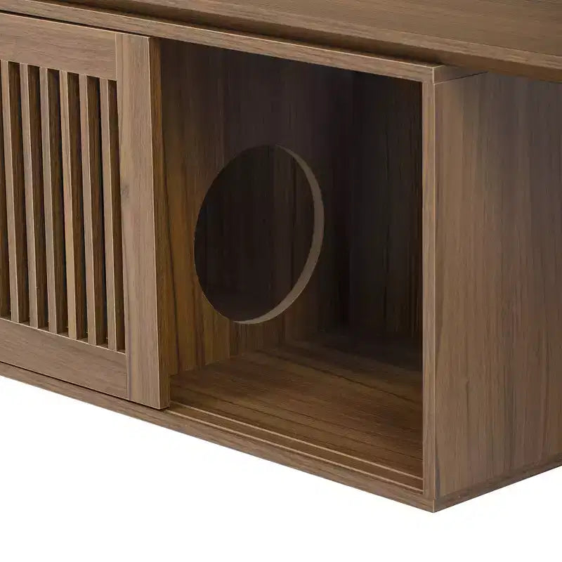 Meuble TV extensible pour chat, meuble console TV, niche pour chat, cache litière avec griffoir, Noyer - ModernLuxe