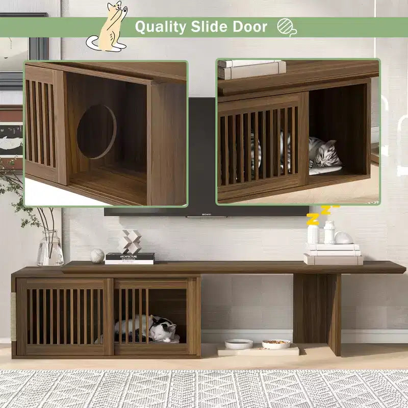 Meuble TV extensible pour chat, meuble console TV, niche pour chat, cache litière avec griffoir, Noyer - ModernLuxe