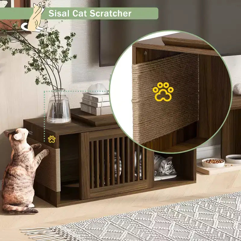 Meuble TV extensible pour chat, meuble console TV, niche pour chat, cache litière avec griffoir, Noyer - ModernLuxe