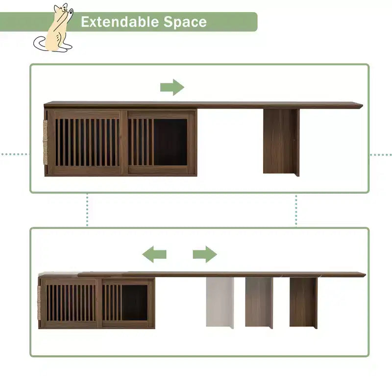 Meuble TV extensible pour chat, meuble console TV, niche pour chat, cache litière avec griffoir, Noyer - ModernLuxe