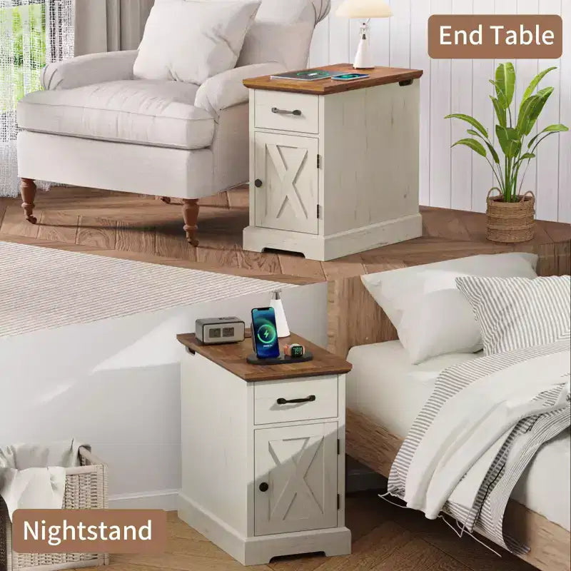 Table d'appoint rustique Hommpa de style ferme avec station de recharge et étagères de rangement, parfaite pour les petits espaces