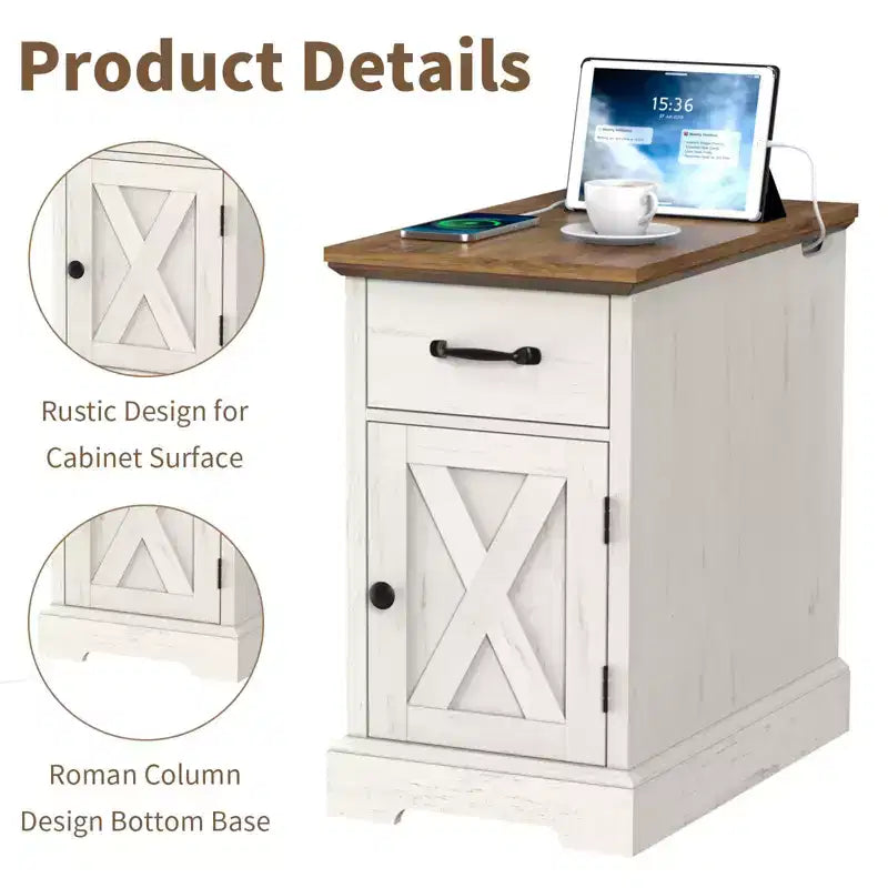 Table d'appoint rustique Hommpa de style ferme avec station de recharge et étagères de rangement, parfaite pour les petits espaces