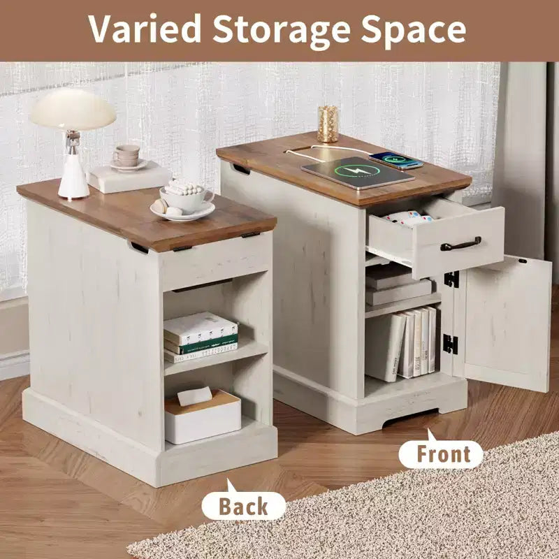 Table d'appoint rustique Hommpa de style ferme avec station de recharge et étagères de rangement, parfaite pour les petits espaces