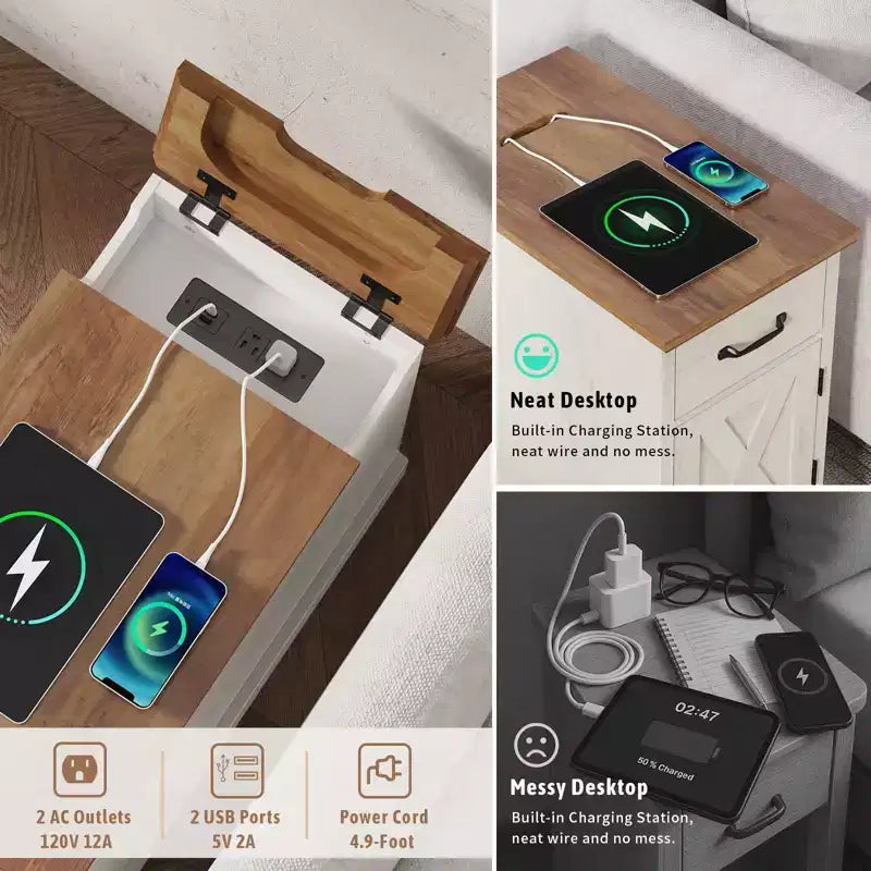 Table d'appoint rustique Hommpa de style ferme avec station de recharge et étagères de rangement, parfaite pour les petits espaces