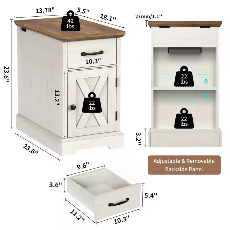 Table d'appoint rustique Hommpa de style ferme avec station de recharge et étagères de rangement, parfaite pour les petits espaces