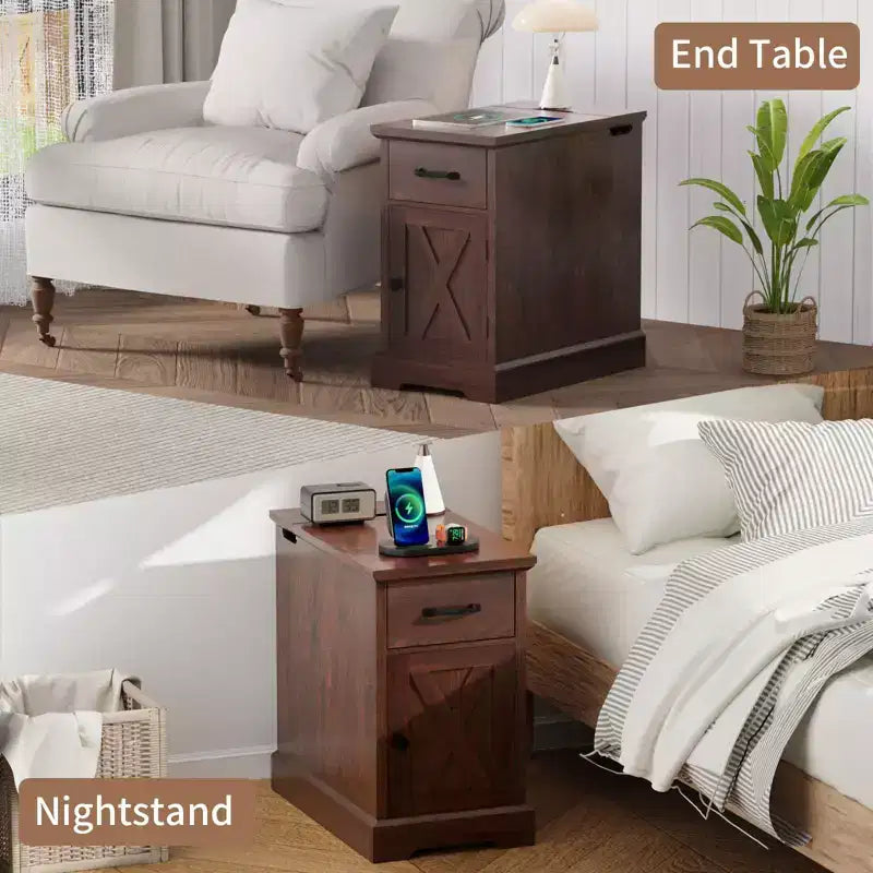 Table d'appoint rustique Hommpa de style ferme avec station de recharge et étagères de rangement, parfaite pour les petits espaces