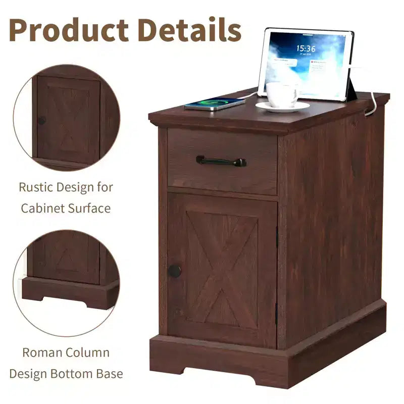Table d'appoint rustique Hommpa de style ferme avec station de recharge et étagères de rangement, parfaite pour les petits espaces