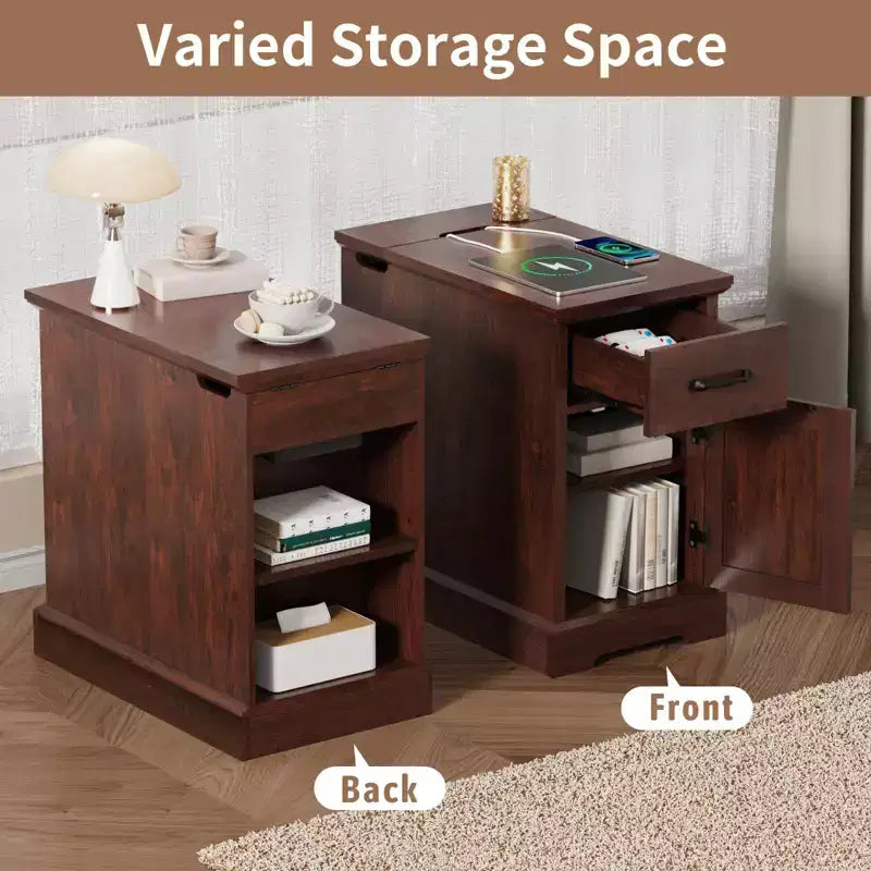 Table d'appoint rustique Hommpa de style ferme avec station de recharge et étagères de rangement, parfaite pour les petits espaces