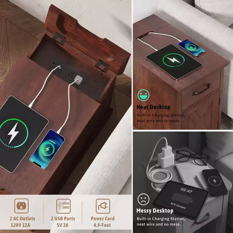Table d'appoint rustique Hommpa de style ferme avec station de recharge et étagères de rangement, parfaite pour les petits espaces